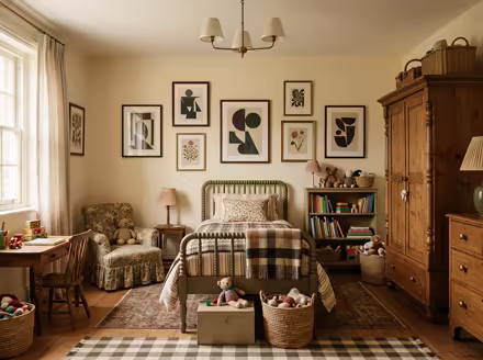 AI-generated english country kids room interior design: turned-leg wood furniture