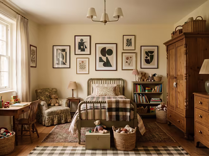 AI-generated english country kids room interior design: turned-leg wood furniture