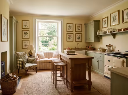 AI-generated english country kitchen interior design: turned-leg wood furniture