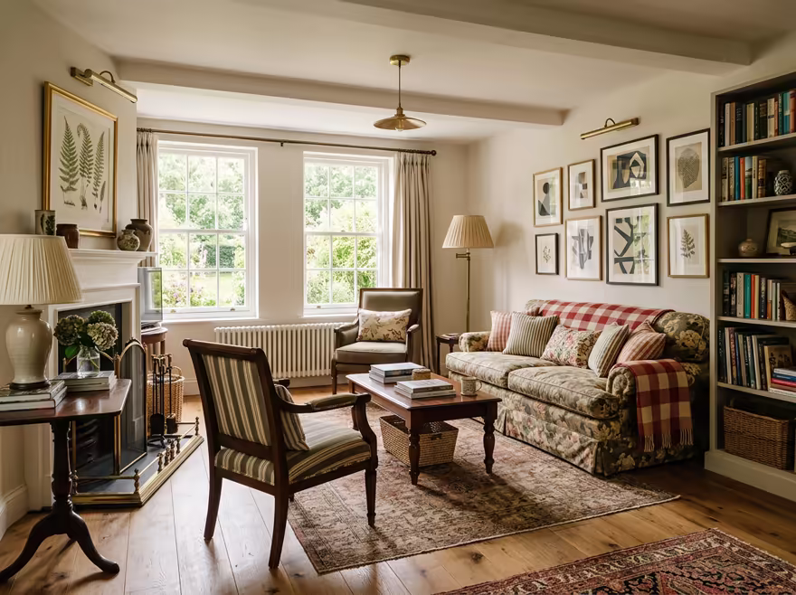 AI-generated english country living room interior design: turned-leg wood furniture