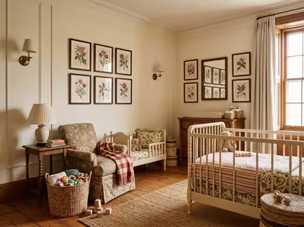 AI-generated english country nursery interior design: turned-leg wood furniture