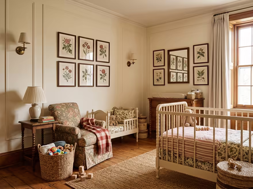 AI-generated english country nursery interior design: turned-leg wood furniture