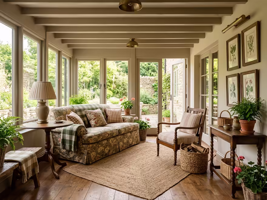 AI-generated english country patio interior design: turned-leg wood furniture