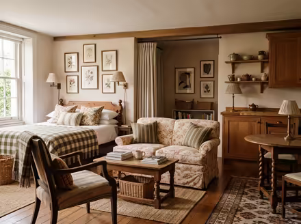 AI-generated english country studio apartment interior design: turned-leg wood furniture