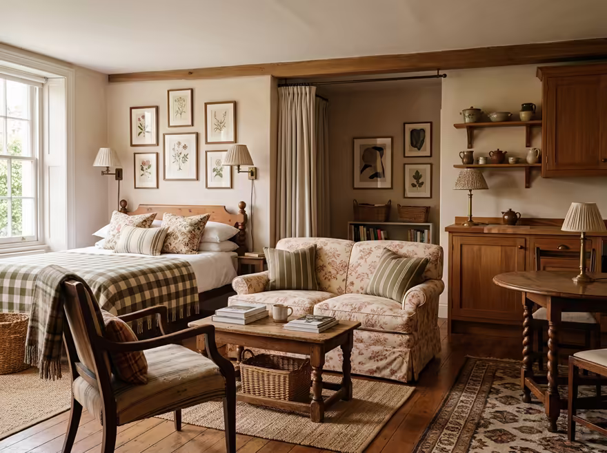 AI-generated english country studio apartment interior design: turned-leg wood furniture