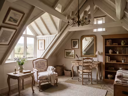 AI-generated french country attic interior design: soft washed pastels