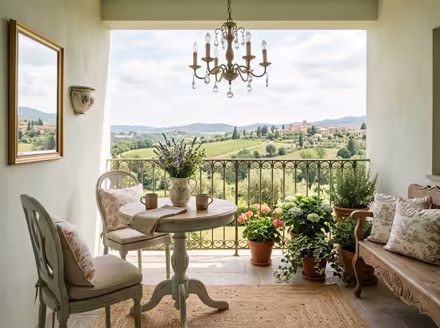 AI-generated french country balcony interior design: soft washed pastels