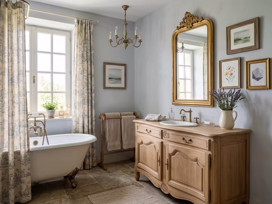 AI-generated french country bathroom interior design: soft washed pastels