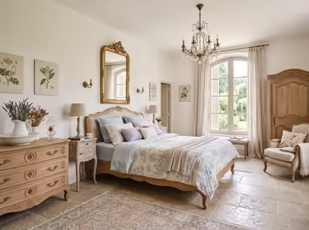 AI-generated french country bedroom interior design: soft washed pastels