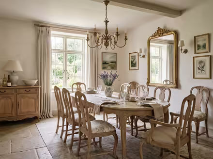 AI-generated french country dining room interior design: soft washed pastels