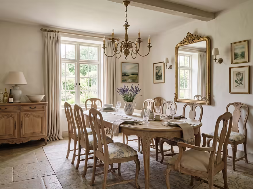 AI-generated french country dining room interior design: soft washed pastels