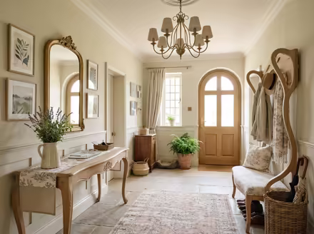 AI-generated french country entryway interior design: soft washed pastels