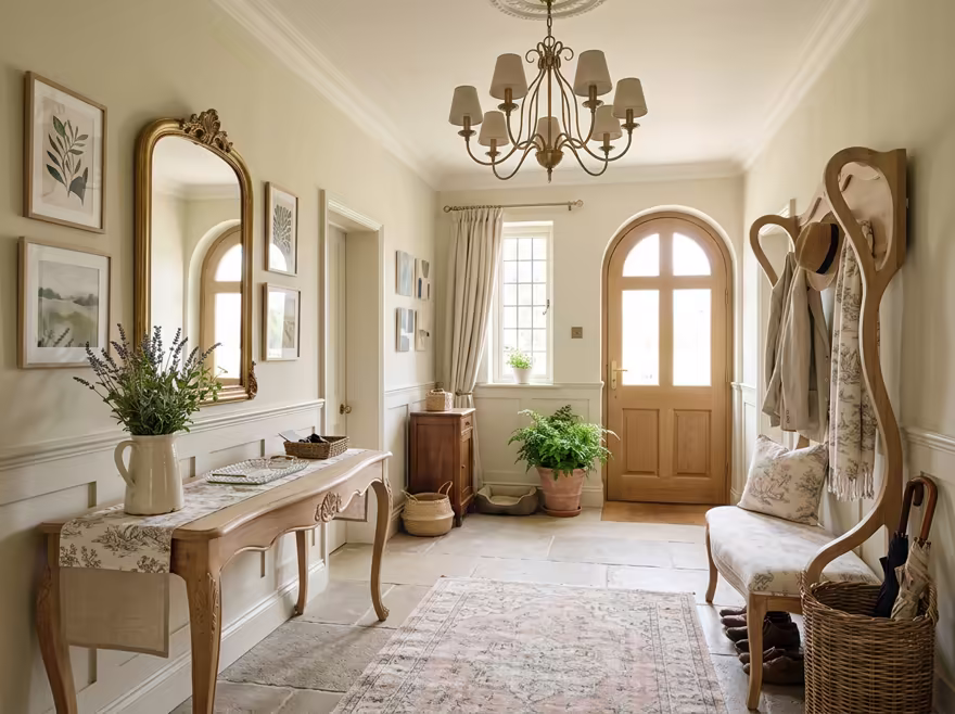 AI-generated french country entryway interior design: soft washed pastels