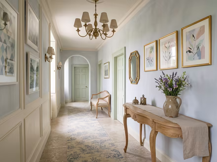AI-generated french country hallway interior design: soft washed pastels