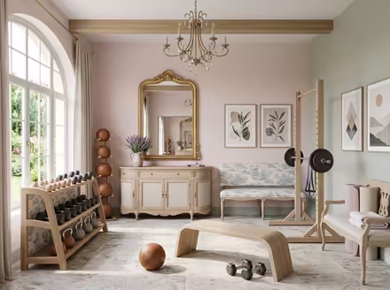 AI-generated french country home gym interior design: soft washed pastels