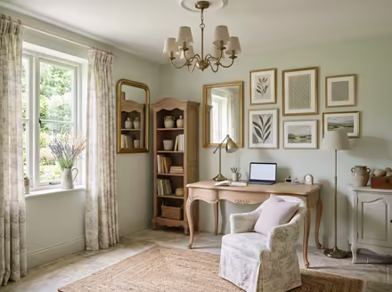 AI-generated french country home office interior design: soft washed pastels
