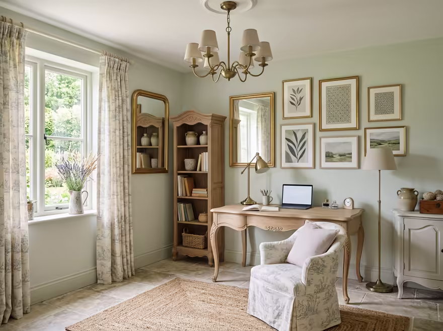 AI-generated french country home office interior design: soft washed pastels