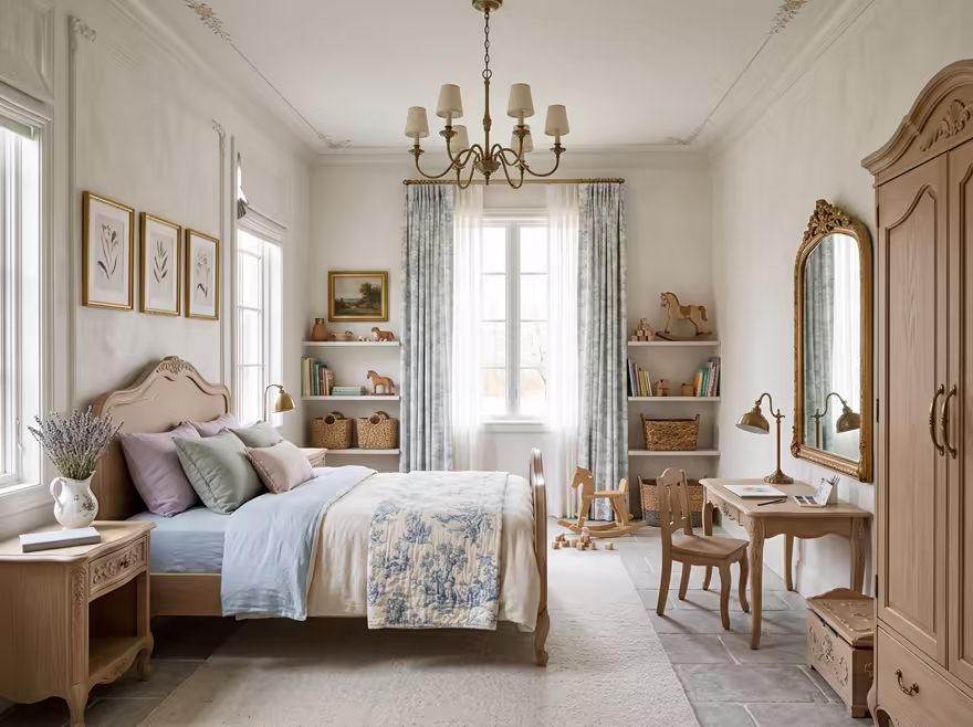 AI-generated french country kids room interior design: soft washed pastels