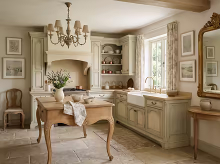 AI-generated french country kitchen interior design: soft washed pastels