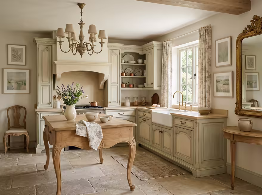 AI-generated french country kitchen interior design: soft washed pastels