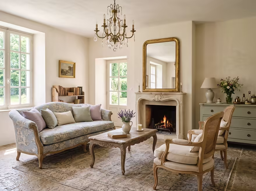 AI-generated french country living room interior design: soft washed pastels