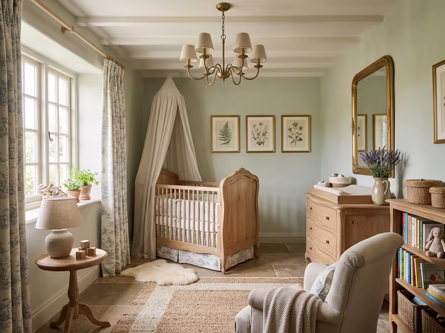 AI-generated french country nursery interior design: soft washed pastels