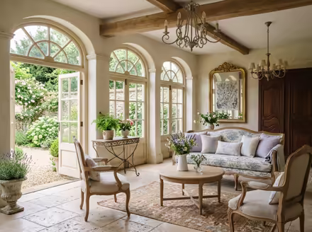 AI-generated french country patio interior design: soft washed pastels