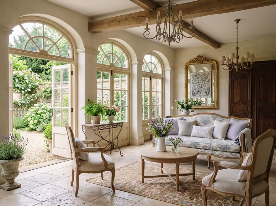 AI-generated french country patio interior design: soft washed pastels