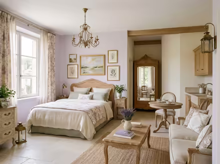 AI-generated french country studio apartment interior design: soft washed pastels