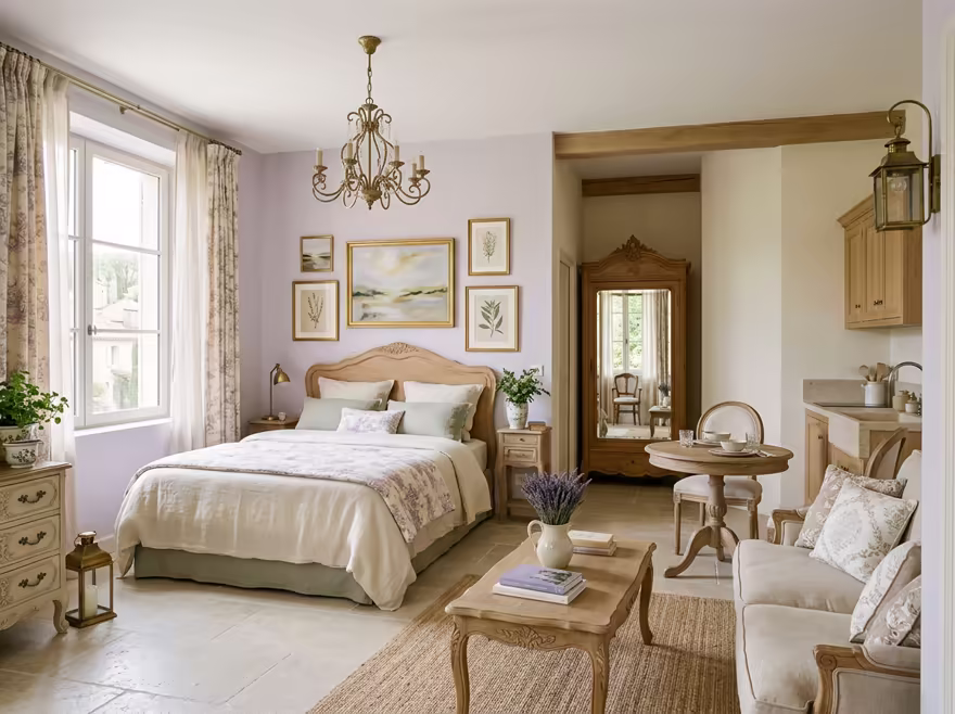 AI-generated french country studio apartment interior design: soft washed pastels