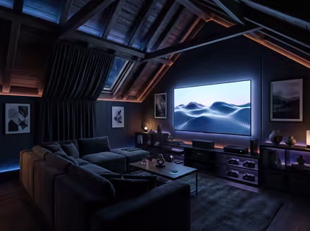AI-generated gamer den attic interior design: an ambient RGB-lit entertainment lounge
