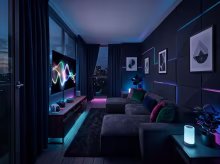 AI-generated gamer den balcony interior design: an ambient RGB-lit entertainment lounge