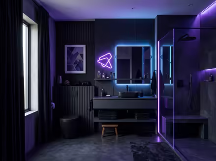 AI-generated gamer den bathroom interior design: an ambient RGB-lit entertainment lounge