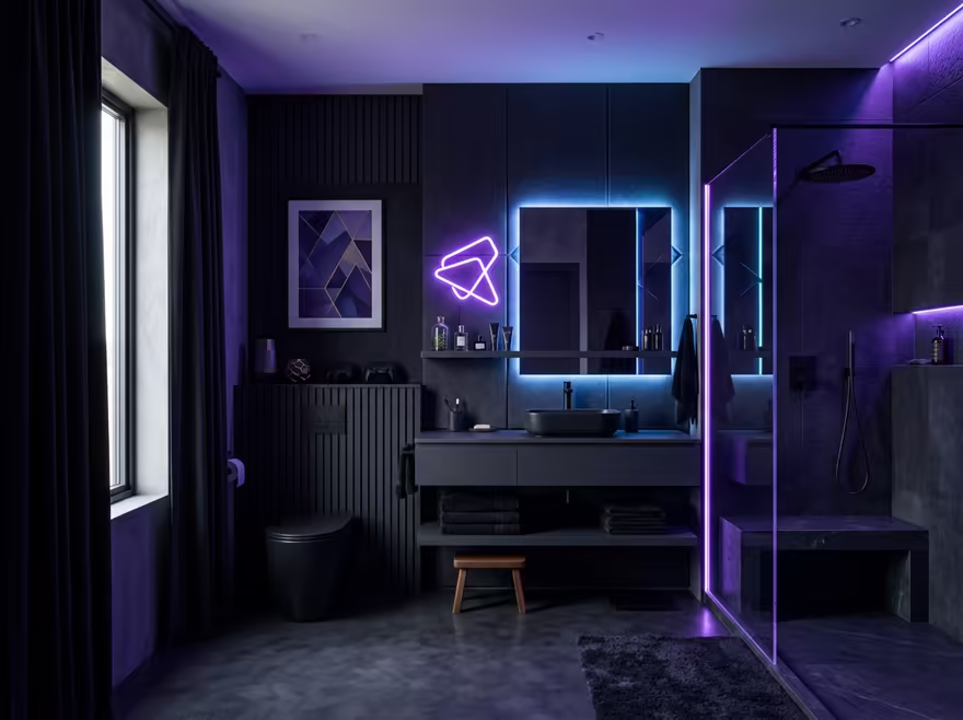 AI-generated gamer den bathroom interior design: an ambient RGB-lit entertainment lounge