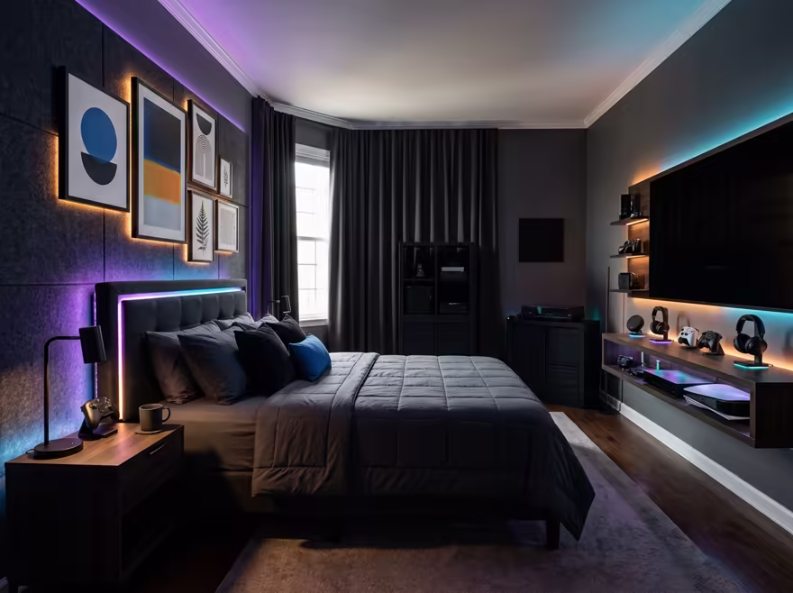 AI-generated gamer den bedroom interior design: an ambient RGB-lit entertainment lounge