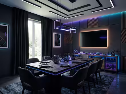 AI-generated gamer den dining room interior design: an ambient RGB-lit entertainment lounge