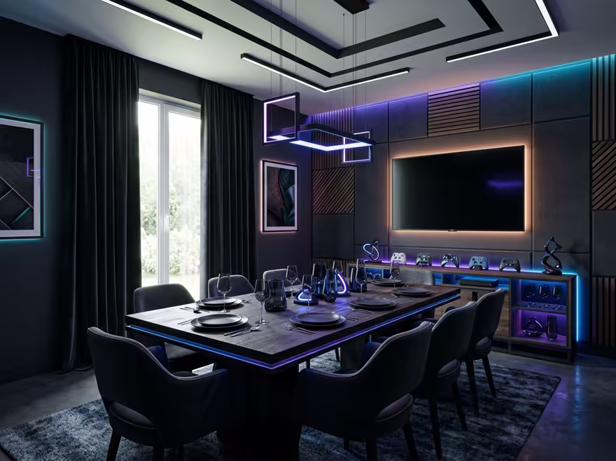 AI-generated gamer den dining room interior design: an ambient RGB-lit entertainment lounge
