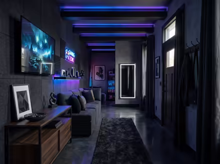 AI-generated gamer den entryway interior design: an ambient RGB-lit entertainment lounge