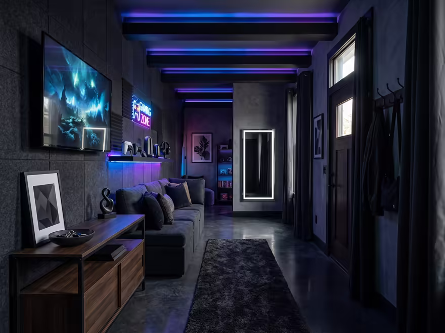 AI-generated gamer den entryway interior design: an ambient RGB-lit entertainment lounge