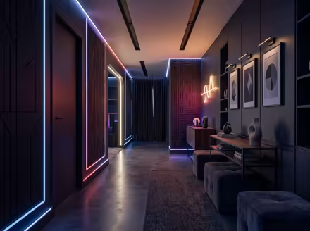AI-generated gamer den hallway interior design: an ambient RGB-lit entertainment lounge