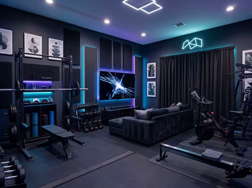 AI-generated gamer den home gym interior design: an ambient RGB-lit entertainment lounge