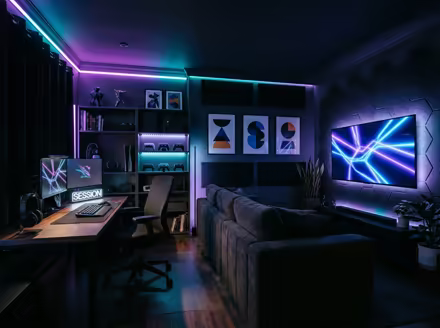 AI-generated gamer den home office interior design: an ambient RGB-lit entertainment lounge