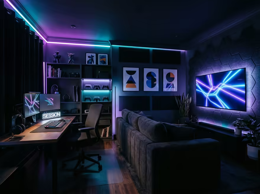 AI-generated gamer den home office interior design: an ambient RGB-lit entertainment lounge