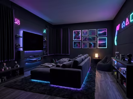AI-generated gamer den kids room interior design: an ambient RGB-lit entertainment lounge
