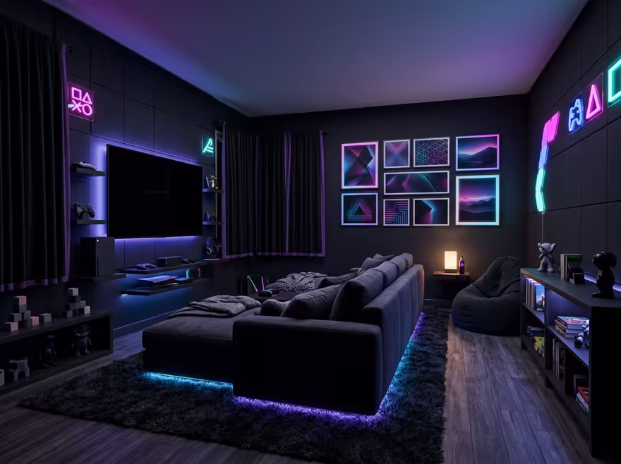 AI-generated gamer den kids room interior design: an ambient RGB-lit entertainment lounge