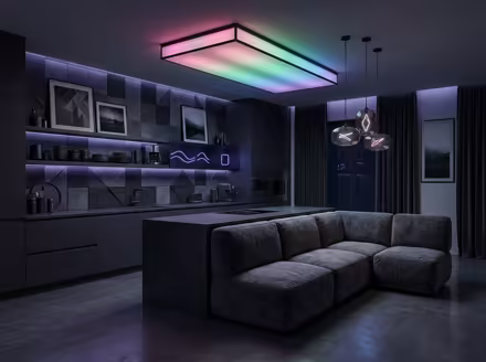 AI-generated gamer den kitchen interior design: an ambient RGB-lit entertainment lounge