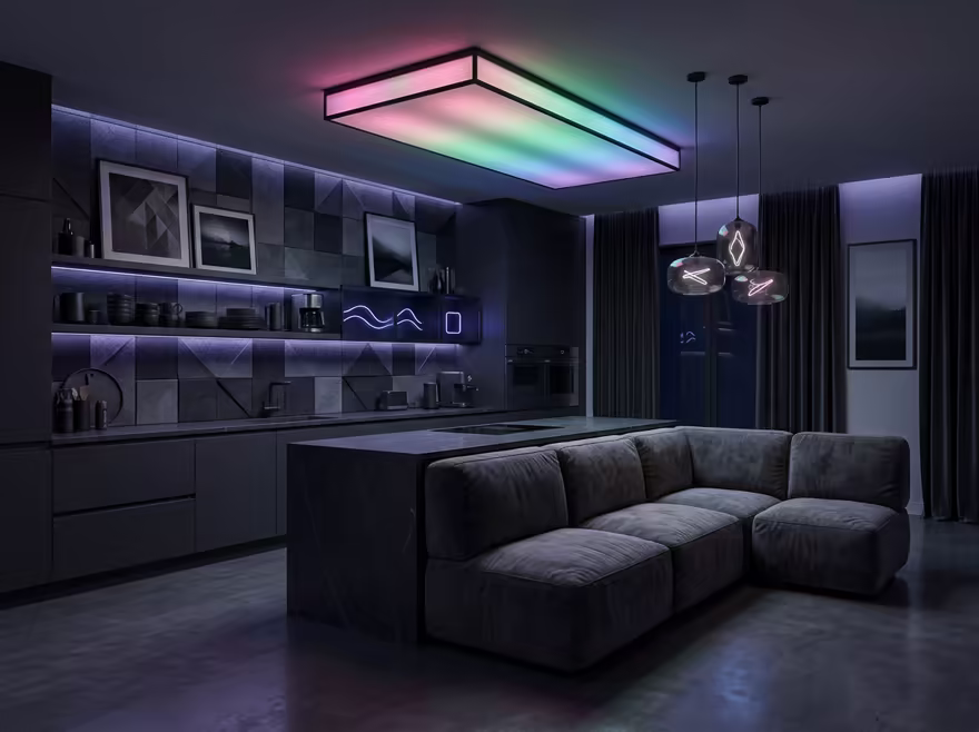 AI-generated gamer den kitchen interior design: an ambient RGB-lit entertainment lounge