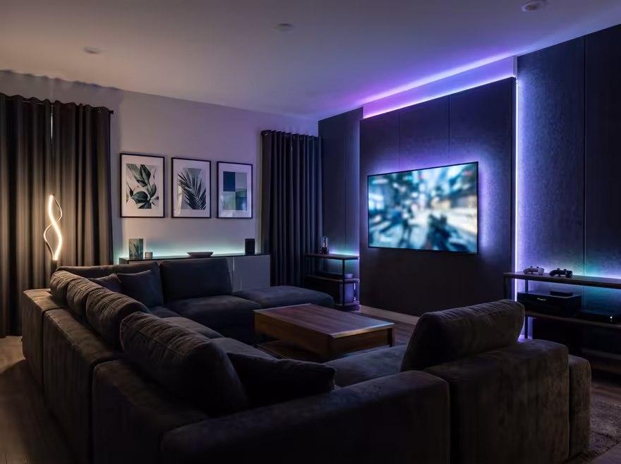 AI-generated gamer den living room interior design: an ambient RGB-lit entertainment lounge