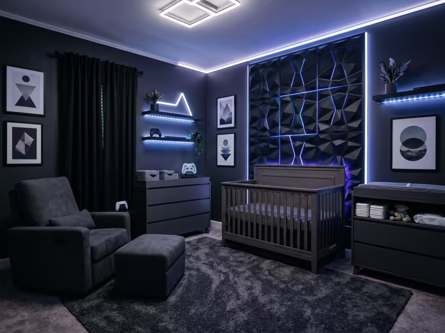 AI-generated gamer den nursery interior design: an ambient RGB-lit entertainment lounge