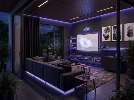 AI-generated gamer den patio interior design: an ambient RGB-lit entertainment lounge